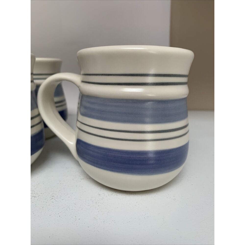 Pfaltzgraff RIO Coffee Cups Set of 3 Stoneware Mugs 2 tone blue stripe Mexico - Picture 5 of 6